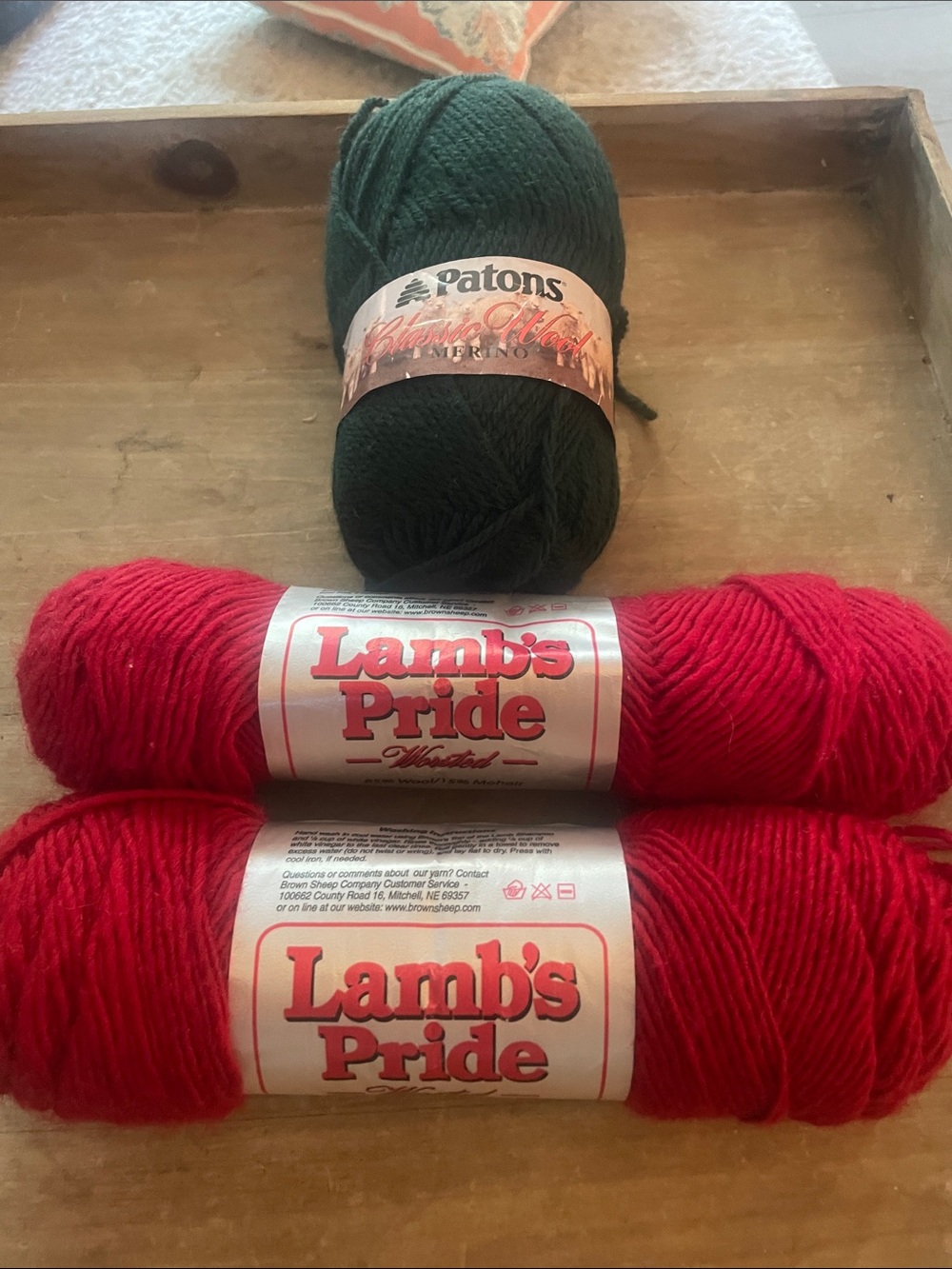 Patons and Lamb's Pride Yarn Trio - Forest Green & Bright Red mohair merino